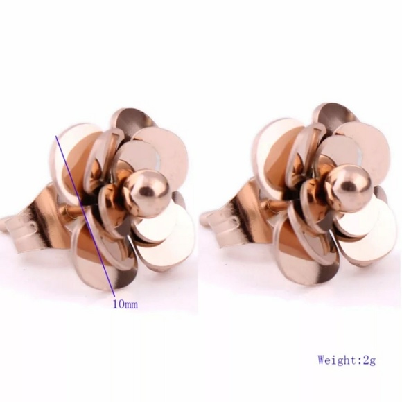Camellia Rose gold stainless steel stud earrings. - Picture 3 of 8